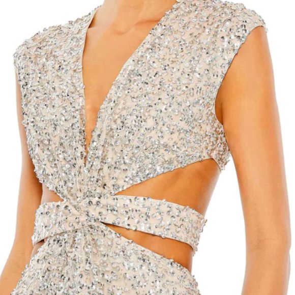 MAC DUGGAL 10109 SEQUIN CUTOUT PLUNGE NECK TRUMPET NUDE/SILVER GOWN sz 2 - Picture 3 of 8